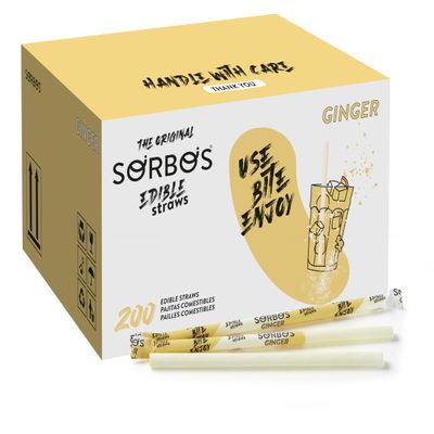 Sorbos Edible Straws, Ginger Flavored, Sustainable, Individually Packaged, No Plastic, No Allergens, No Gluten, No PFAS, 100 Percent Biodegradable, 7.4 inches long (Pack of 200)