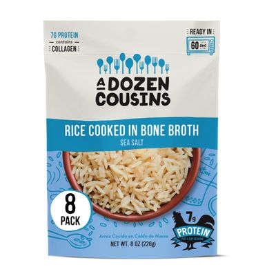 A Dozen Cousins Rice Cooked in Bone Broth Microwaveable Rice Packets | 7g Protein | Contains Collagen (Sea Salt, 8 Pack)