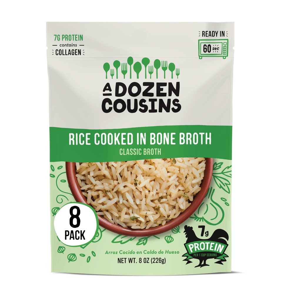 A Dozen Cousins Rice Cooked in Bone Broth Microwaveable Rice Packets | 7g Protein | Contains Collagen (Classic Chicken Broth, 8 Pack)
