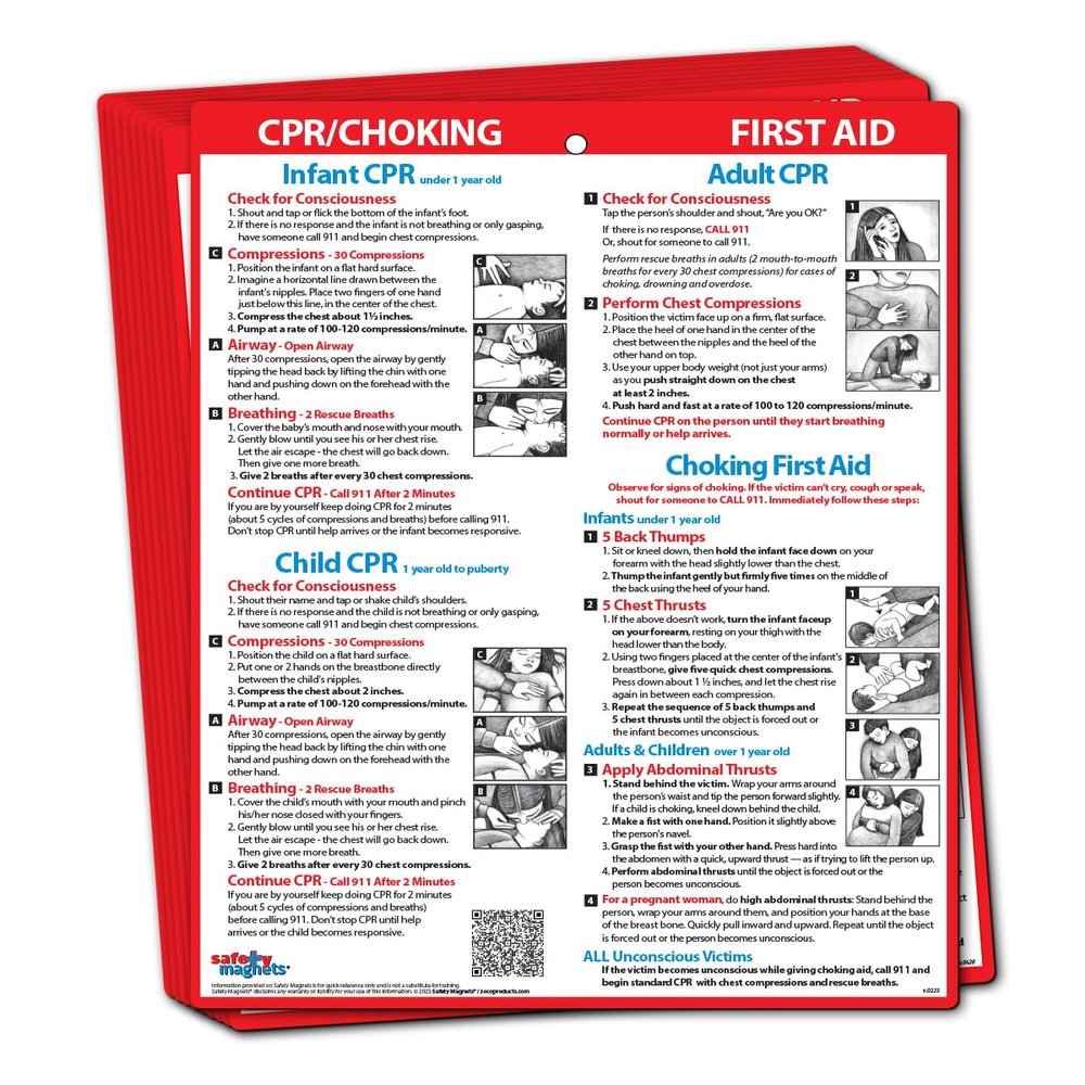 Safety Magnets by ZOCO  CPR & Choking Fridge Magnet (10-Pack)  First Aid Instructions for Infants, Children, & Adults  Heimlich Maneuver Laminated Card 8.5" x 11"
