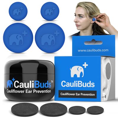 CauliBuds Cauliflower Ear Magnet - Premium Silicone Ear Magnets Cauliflower Ear - Pressure Earrings Magnetic Ears - Treatment in BJJ, Wrestling, MMA, & Rugby - Cauliflower Ear Draining Kit (Blue)