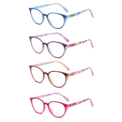100 CLASSIC 4-Pack Reading Glasses Ladies Cat Eye Spring Hinges Readers Colorful Floral Design Temple Arms Fashion Eyeglasses for Women (2.00+)