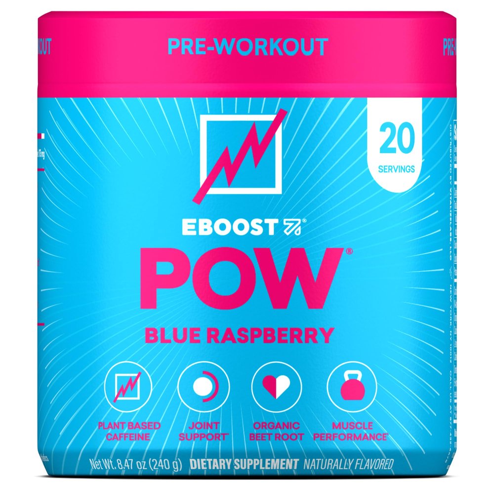 EBOOST POW Natural Pre Workout Powder  20 Servings - Blue Raspberry - A PreWorkout Supplement for Performance, Joint Mobility Support, Energy - Men and Women - Non-GMO, Gluten-Free, No Creatine