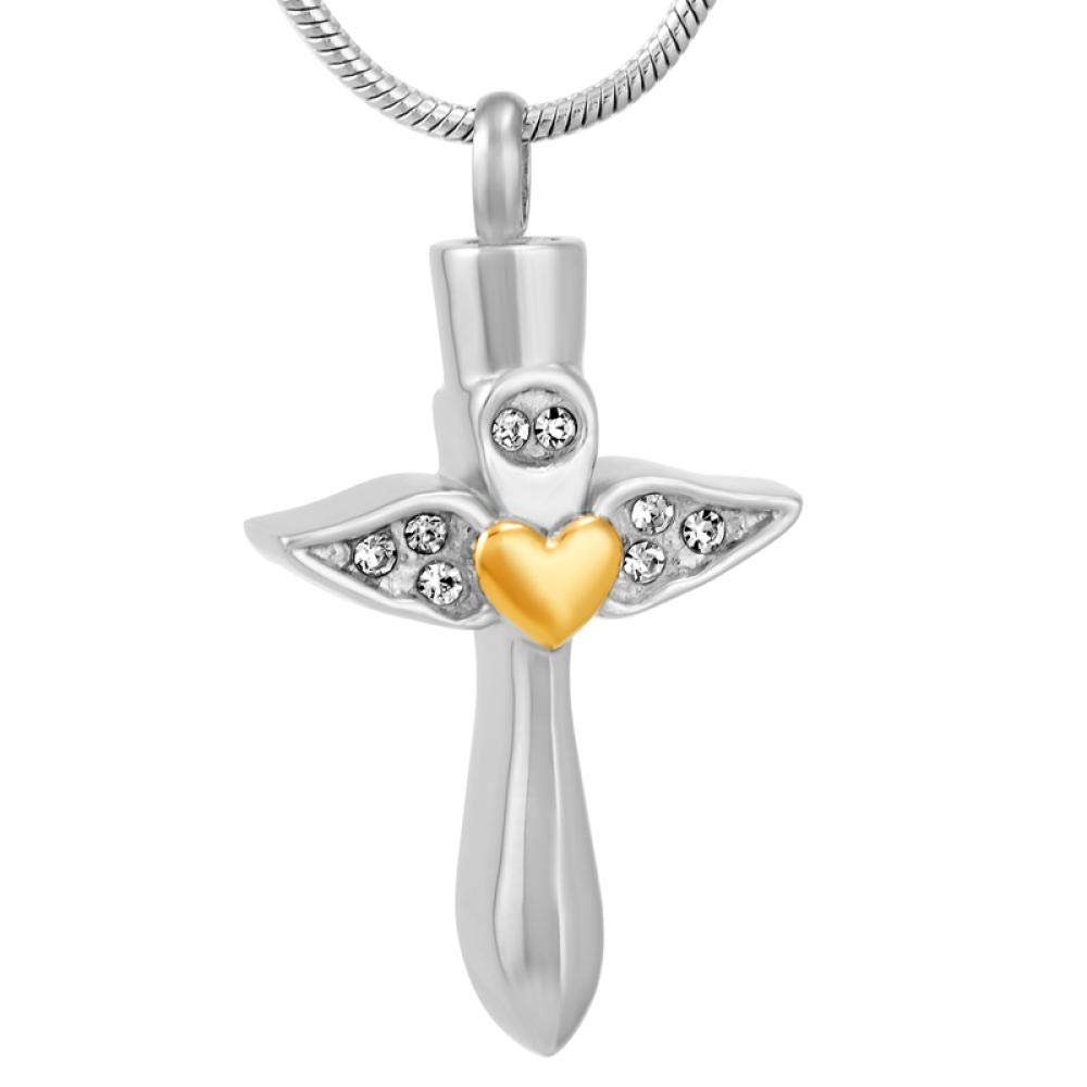 OIJH Heart Engraving Cross Pendant Funeral Urn Ashes Holder for Human/Animal Stainless Steel Cremation Jewelry -Gold_Heart_