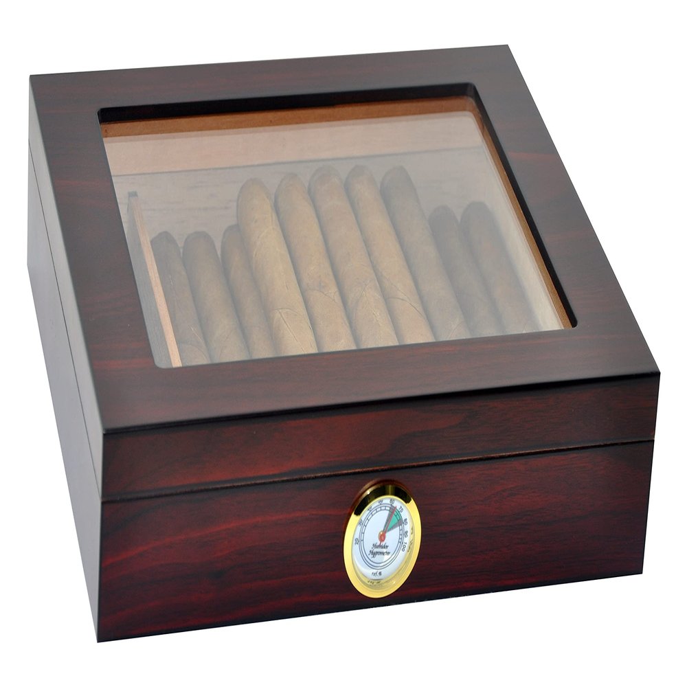 DUCIHBA Cigar Humidors Holds 20-25 Cigars Box, Tempered Glass Top Display, Handcraft Spanish Cedar Wood Desktop Storage Cigar Case with Divider, Humidifier and Hygrometer, Walnut Brown & Black