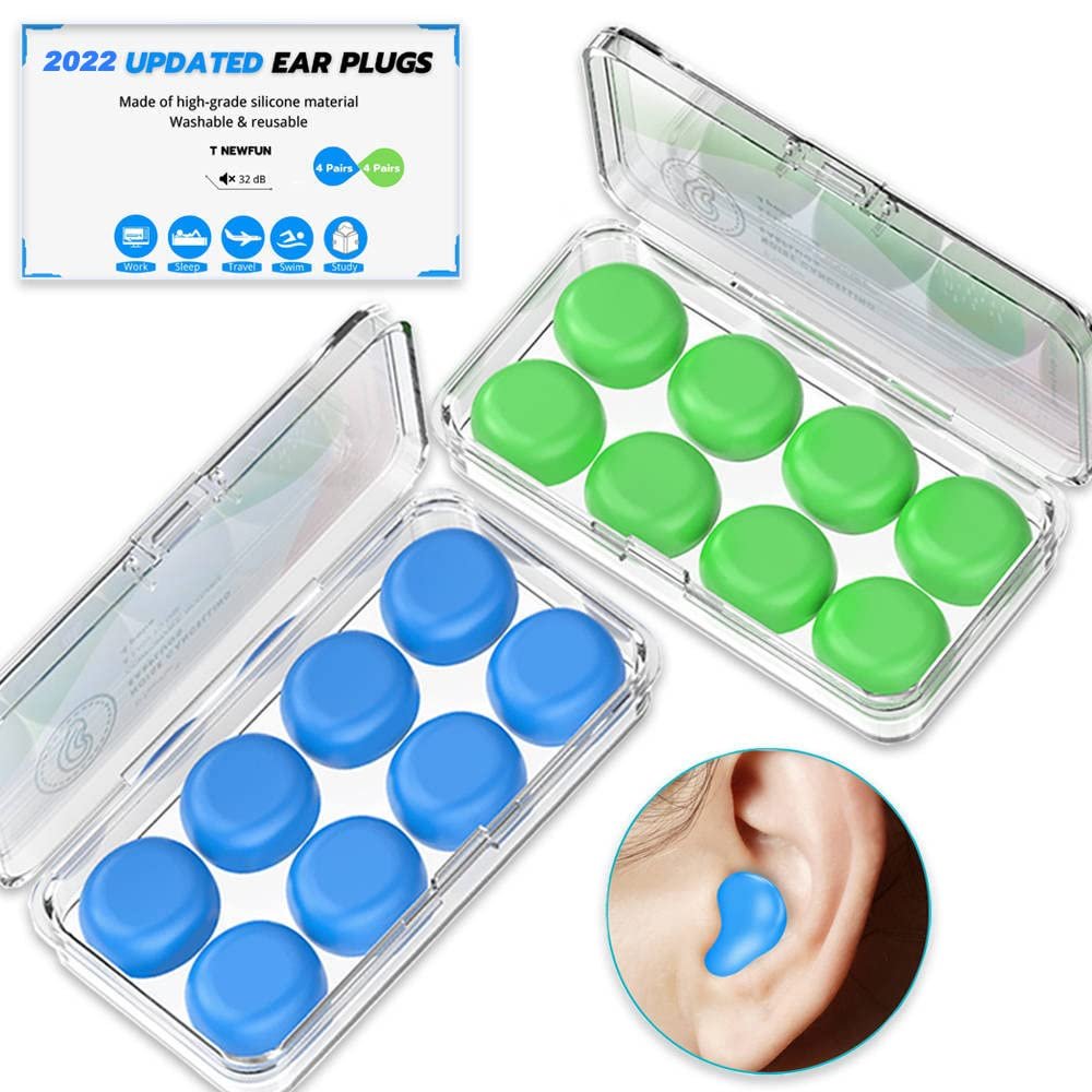 2021 New Version Ear Plugs, for Sleeping Noise Canceling,8 Pairs Waterproof Reusable Silicone Noise Cancelling Ear Plugs for Swimming, Snoring, Working, 32dB Highest NRR
