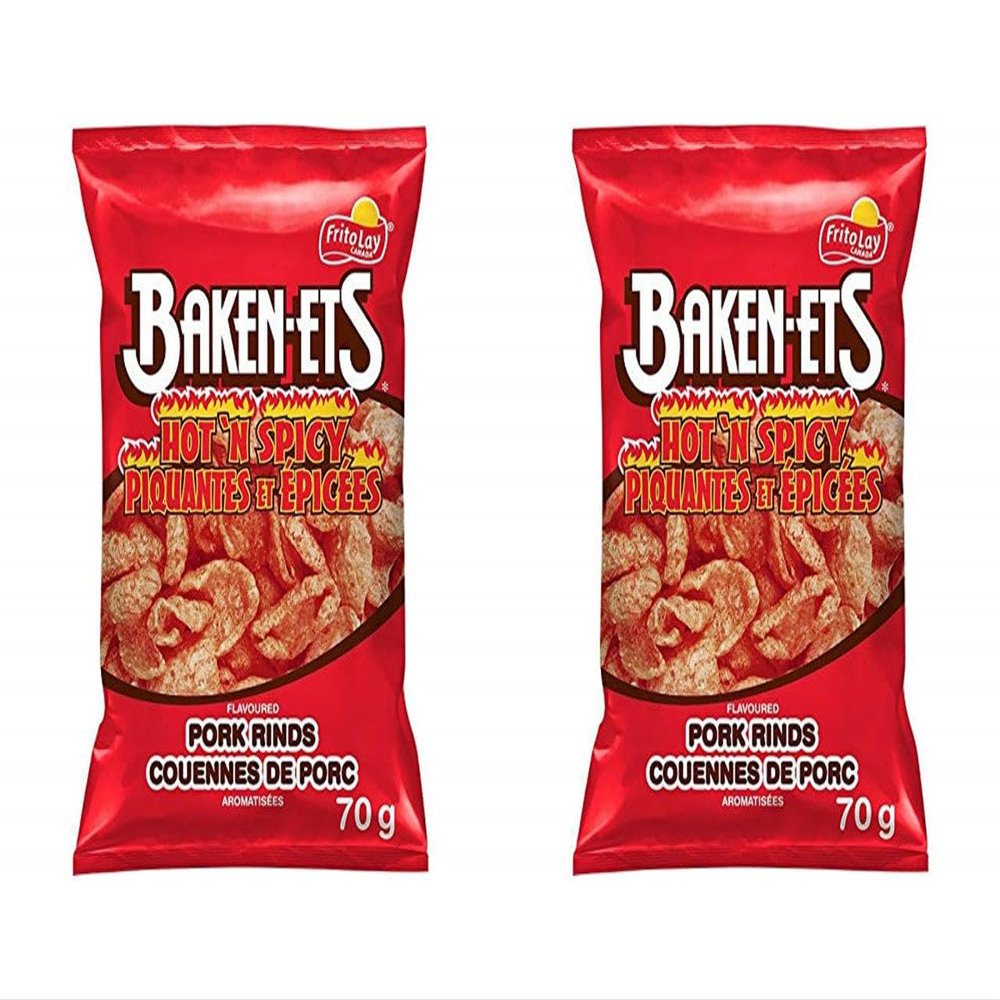 Baken-ets Hot & Spicy Pork Rinds, 70g/2.5oz bags (2 Pack) {Imported from Canada}