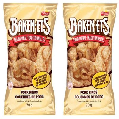 Baken-ets Bacon Flavoured Traditional Smoked Pork Rinds, (Pack of 2) 70g/2.5oz bags (Imported from Canada)