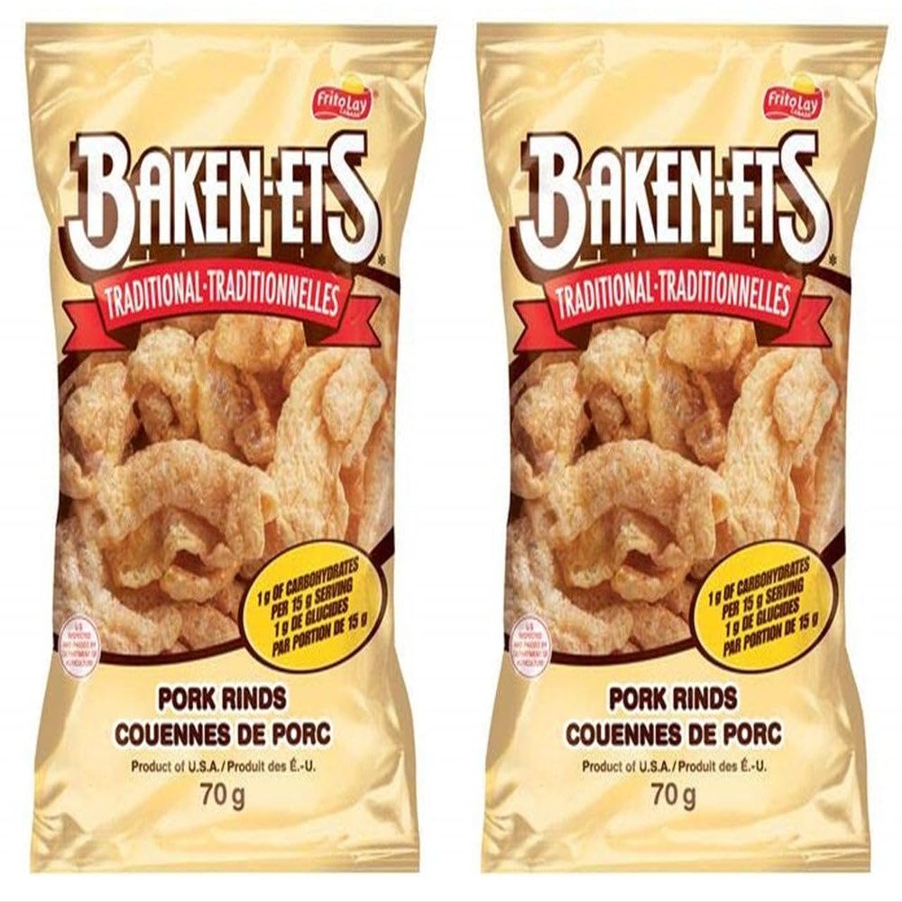 Baken-ets Bacon Flavoured Traditional Smoked Pork Rinds, (Pack of 2) 70g/2.5oz bags (Imported from Canada)