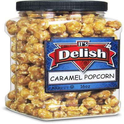 Gourmet Caramel Popcorn by Its Delish, 16 OZ Jumbo Container Original Caramel Corn Air Popped Sweet and Crunchy Glazed Carmel Corn Snack, Movie Night, Parties, Events - Gluten Free, Vegan, Kosher