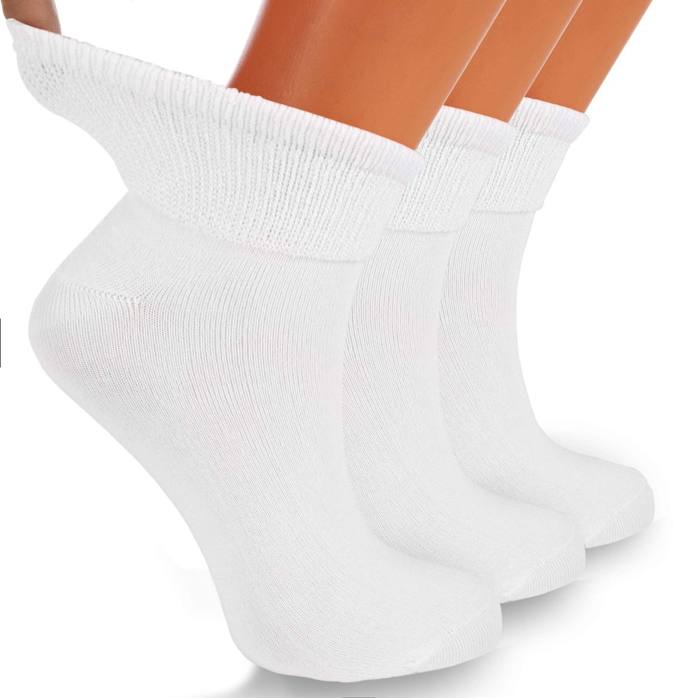 AWS/American Made Men's Cotton Diabetic Ankle Socks Loose Wide Seamless Toe Non Binding Top 3 Pairs (White, Shoe Size: 5-7)