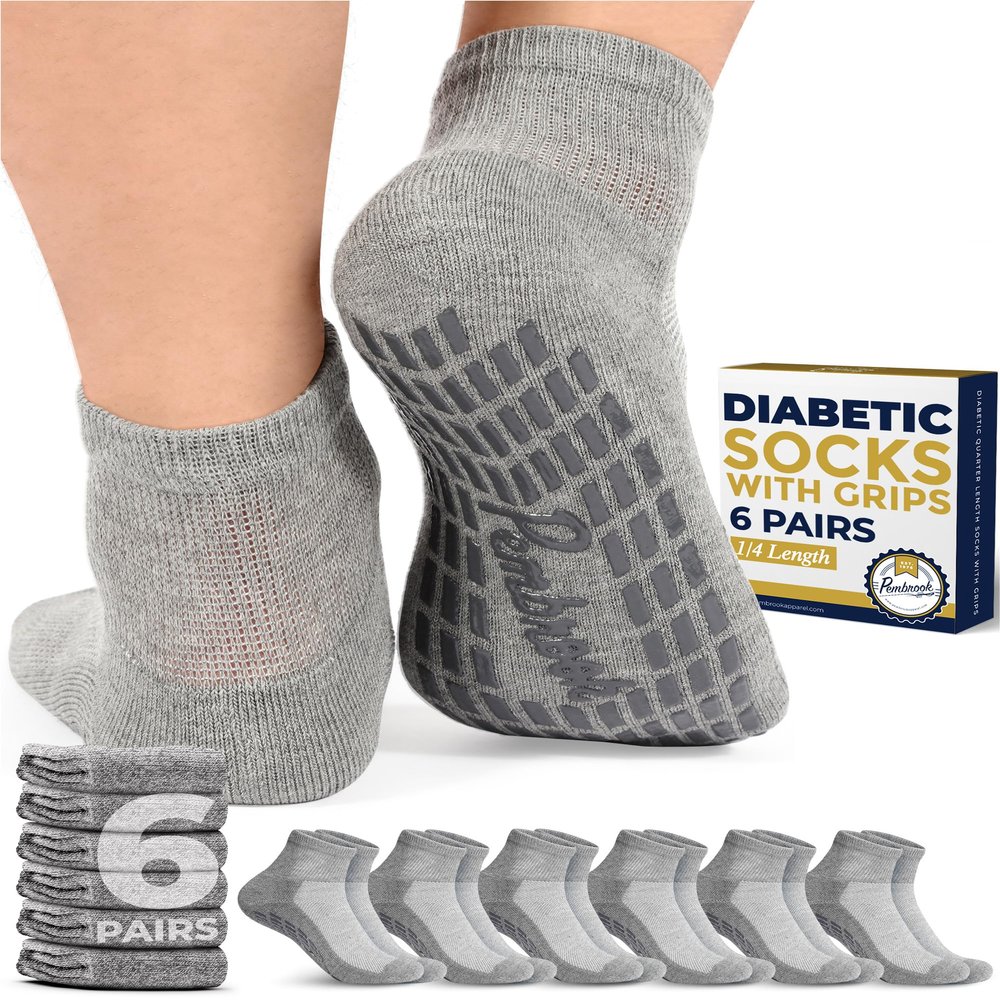 Pembrook Diabetic Ankle Socks for Men & Women with Grips | 6 Pairs Quarter Length Wide Non Binding Diabetic for Men Non Slip | Edema, Neuropathy for Women & Men | Loose Socks