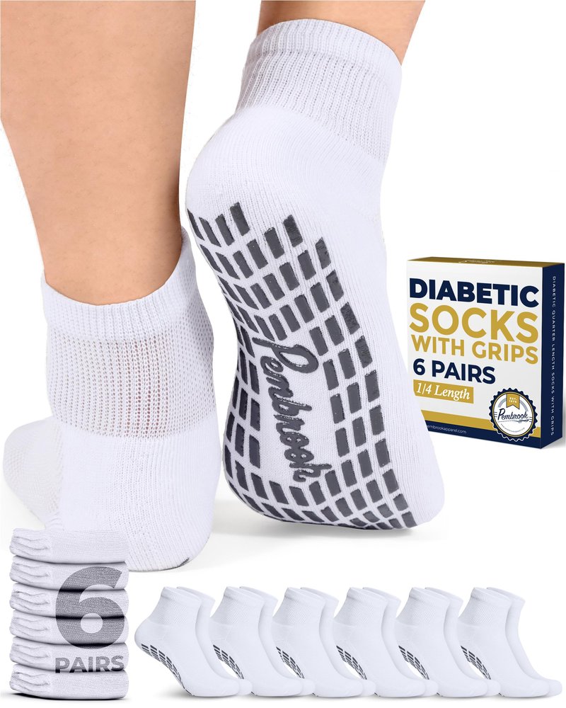 Pembrook Diabetic Ankle Socks for Men & Women with Grips | 6 Pairs Quarter Length Wide Non Binding Diabetic Socks for Men Non Slip | Edema, Neuropathy for Women & Men