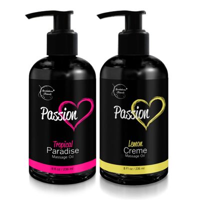 Passion Massage Oil for Date Night | Set of 2 Massaging Oils Lemon Crme & Tropical Paradise | All Natural with Almond & Jojoba | for Women & Men | Perfect for Full Body Relaxation & Aromatherapy