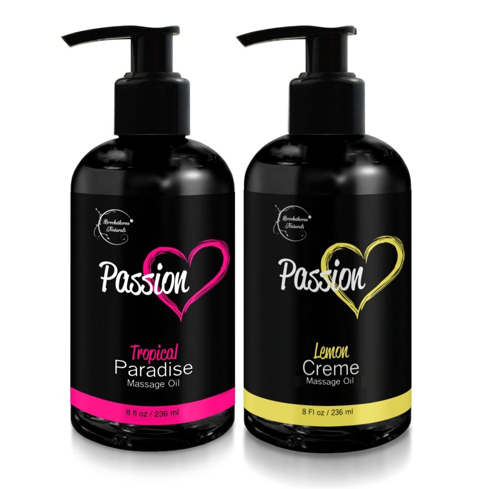 Passion Massage Oil for Date Night | Set of 2 Massaging Oils Lemon Crme & Tropical Paradise | All Natural with Almond & Jojoba | for Women & Men | Perfect for Full Body Relaxation & Aromatherapy