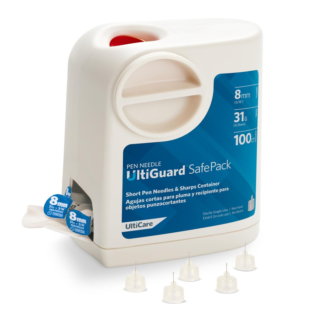 All-in-One UltiGuard Safe Pack Pen Needles and Sharps Container for at-Home Insulin Injections and Safe Needle Disposal, Size: Short 8mm (5/16) x 31G, 100 Count