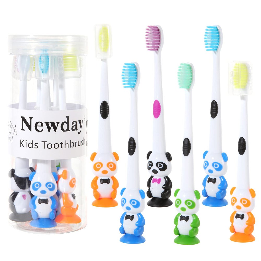 Newday Kids toothbrushes 6 Pack Set Soft Bristles with Suction Cup, Includes Travel Covers, Bear Panda toothbrushes for Kids Boys & Girls, Toddlers &Children Teeth