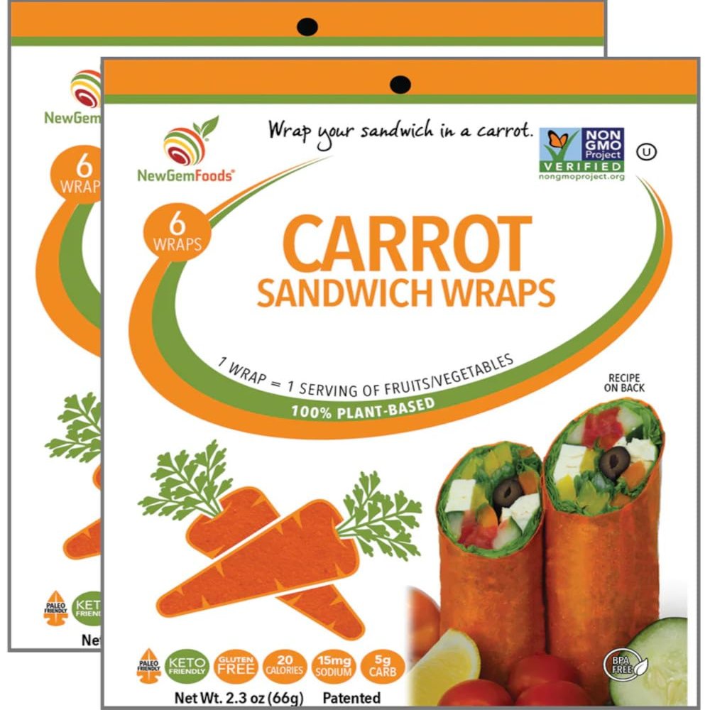 Carrot Sandwich Wraps (Two-Pack) Gluten-Free, Low-Calorie Wraps Made from Fresh Carrots Non-GMO, Plant-Based, Paleo-Friendly, Vegan Tortilla Substitute for Sandwiches & Rolls