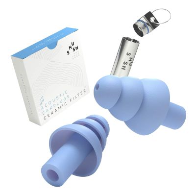 Shush Acoustic Earplugs - for Music Festivals, Clubs and Concerts - Ceramic Filter for Superior Sound Quality (SNR 23 dB) - High Fidelity Hearing Protection - Reusable Over 365 x Sky Blue