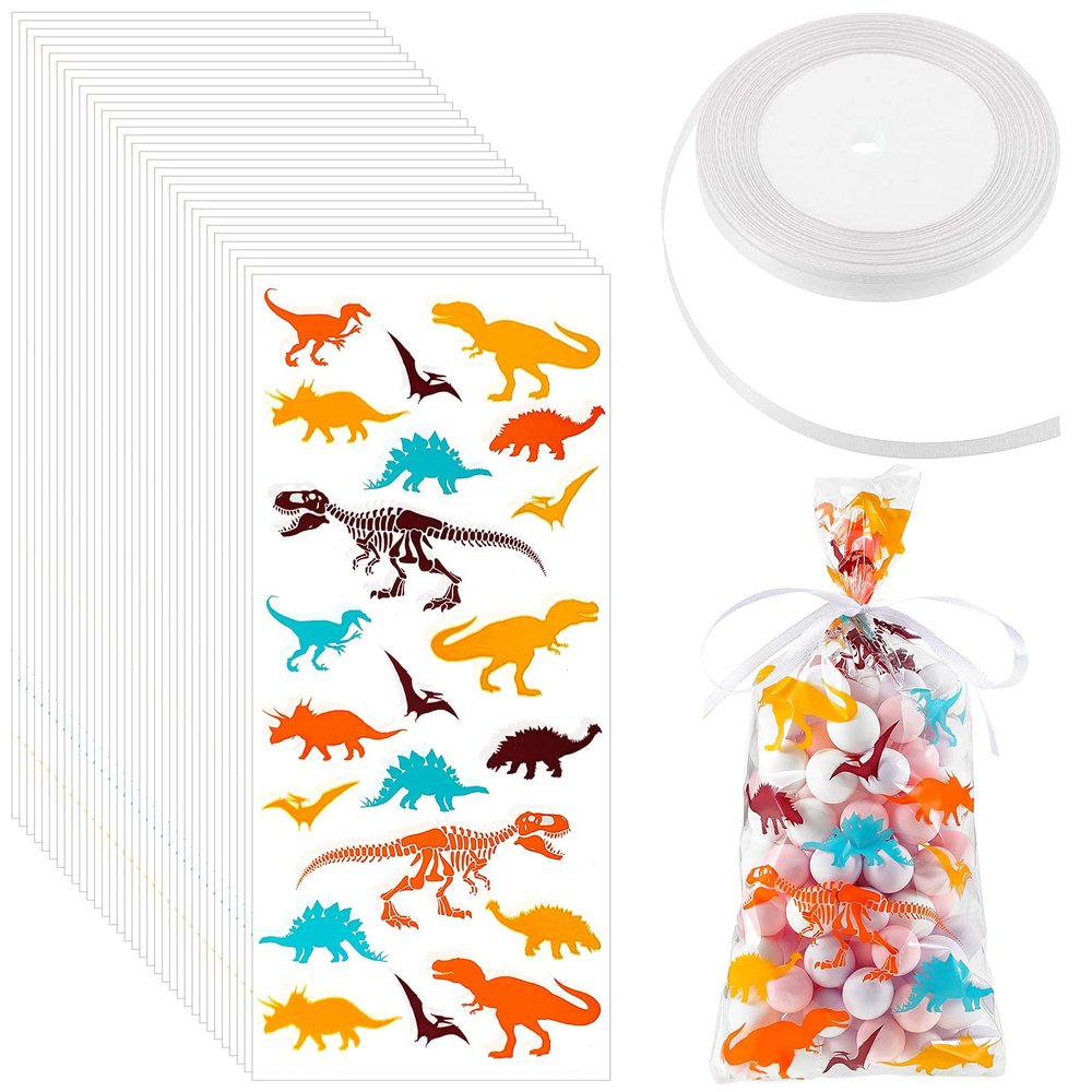100 Pieces Dinosaur Cellophane Bags Clear Dinosaur Skeleton Party Favors Bags with a Roll of White Ribbon for Chocolate Candy Snacks Cookies Themed Party Supplies