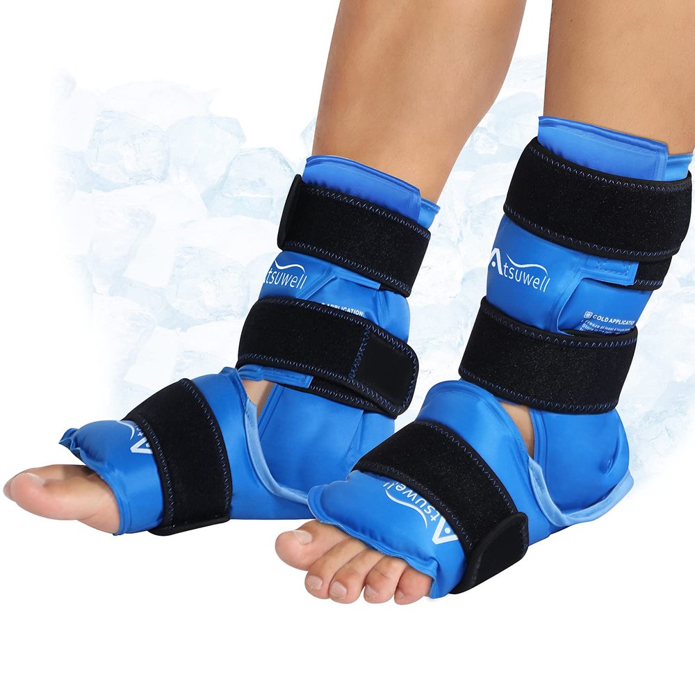 Atsuwell Ankle Ice Pack Wrap 2 Pack, Reusable Ice Packs Ankle Cold Compression, Soft Plush Lining Gel Cold Pack for Foot, Flexible Heel Ice Pack for Men Women