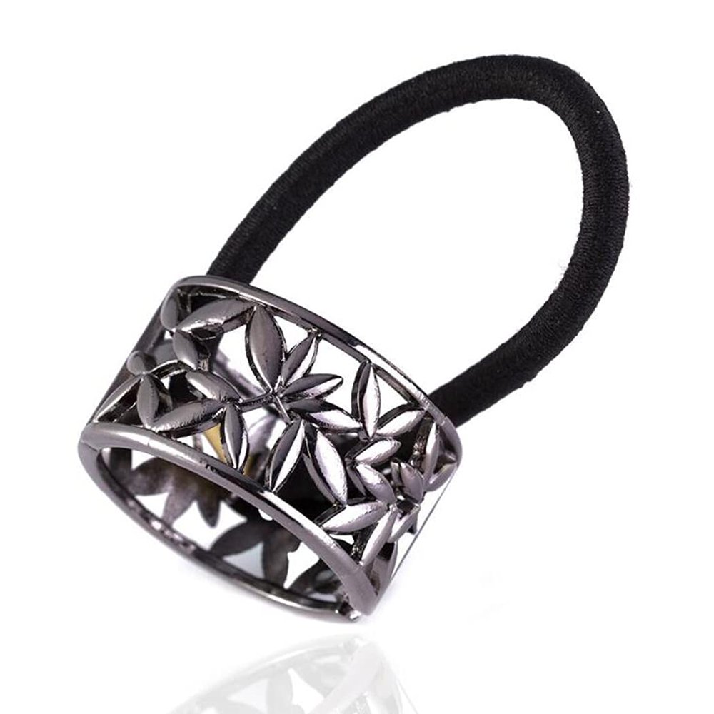 Hollow letter metal horsetail buckle hair accessories for ladies alloy tie hair rubber band high-end hair ring (gun black)