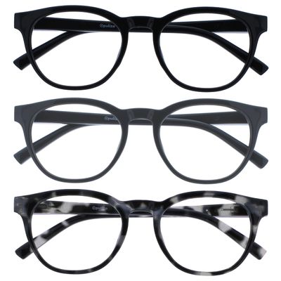 OPULIZE BLU Blue Light Blocking Reading Glasses for Women Men, Cool Round Frame with Anti-Glare Computer and Gaming Eyewear, UV and Eyestrain Protection, Black Grey Tort +0.00 (Pack of 3)