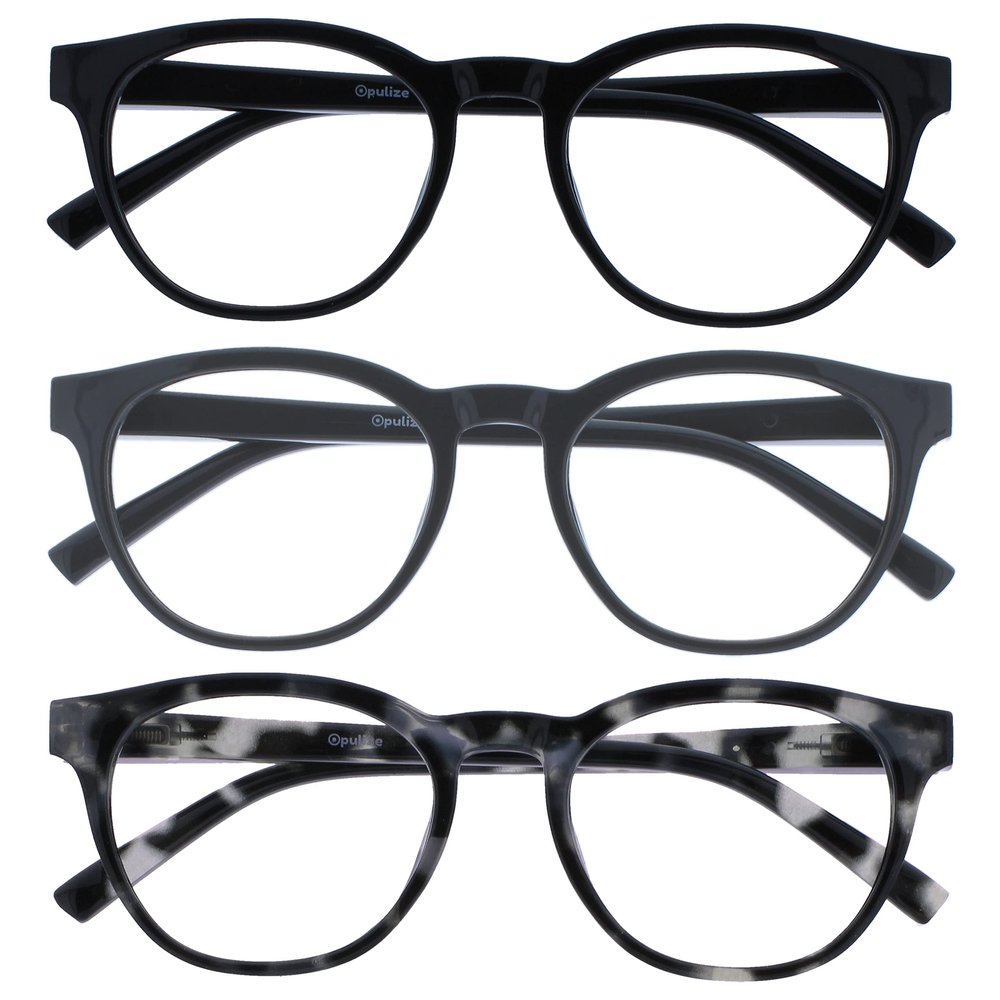OPULIZE BLU Blue Light Blocking Reading Glasses for Women Men, Cool Round Frame with Anti-Glare Computer and Gaming Eyewear, UV and Eyestrain Protection, Black Grey Tort +0.00 (Pack of 3)