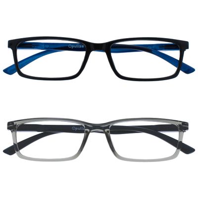OPULIZE SEE Reading Glasses with Blue Light Blocking for Women and Men, Narrow Frame, Spring Hinges, Computer Gaming Glasses, Black,Grey +1.5 (Pack of 2)