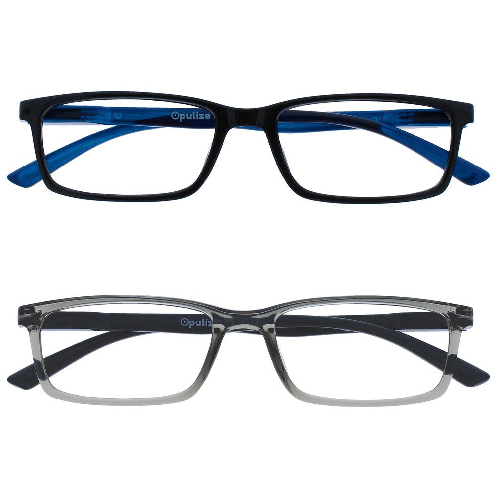OPULIZE SEE Reading Glasses with Blue Light Blocking for Women and Men, Narrow Frame, Spring Hinges, Computer Gaming Glasses, Black,Grey +1.5 (Pack of 2)