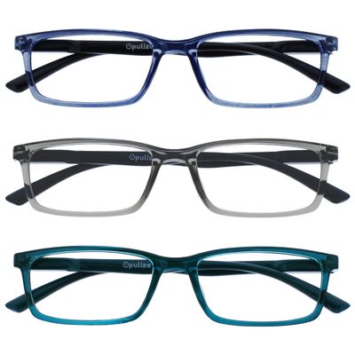 OPULIZE SEE Reading Glasses with Blue Light Blocking for Women and Men, Narrow Frame, Spring Hinges, Computer Gaming Glasses, Blue,Grey,Turquoise +2 (Pack of 3)