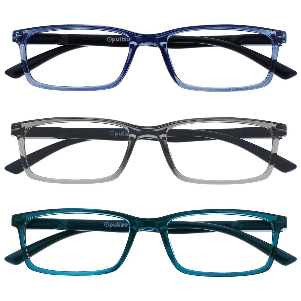 OPULIZE SEE Reading Glasses with Blue Light Blocking for Women and Men, Narrow Frame, Spring Hinges, Computer Gaming Glasses, Blue,Grey,Turquoise +2 (Pack of 3)