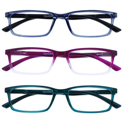OPULIZE SEE Reading Glasses with Blue Light Blocking for Women and Men, Narrow Frame, Spring Hinges, Computer Gaming Glasses, Blue,Purple,Turquoise +2 (Pack of 3)