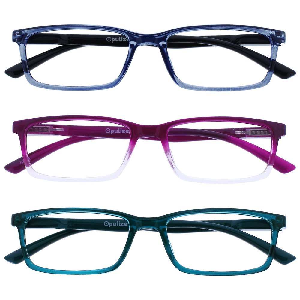 OPULIZE SEE Reading Glasses with Blue Light Blocking for Women and Men, Narrow Frame, Spring Hinges, Computer Gaming Glasses, Blue,Purple,Turquoise +2 (Pack of 3)