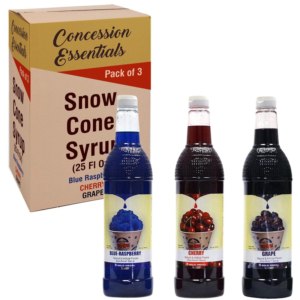 Concession Essentials Snow Cone Syrup (25 Fl Oz)- Pack of 3 - Cherry, Blue Raspberry, Grape