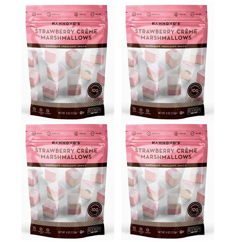 Hammonds Candies Gourmet Marshmallows  Strawberry Creme | Great for Snacking, Hot Chocolate, Smores, Baking | Gluten-Free, Kosher, Handcrafted in the USA | 4 Pack