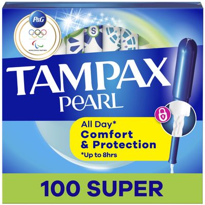 Tampax Pearl Tampons for Women, with LeakGuard Braid, Super Absorbency, Unscented, 100 Count (2 Packs of 50)