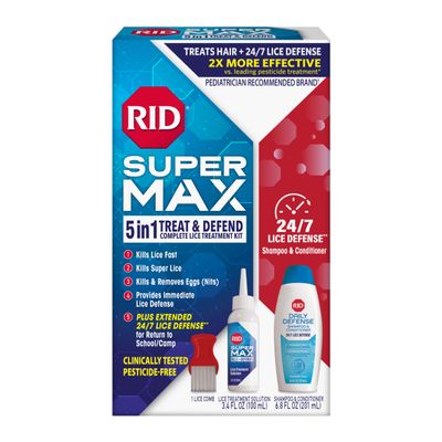 RID Super Max Lice Treatment Kit, Kills Lice & Super Lice & Eggs + 24/7 Lice Defense, Pesticide Free, 3.4 FL OZ Solution + 6.8 FL OZ Daily Defense Shampoo & Conditioner + Nit Removal Comb