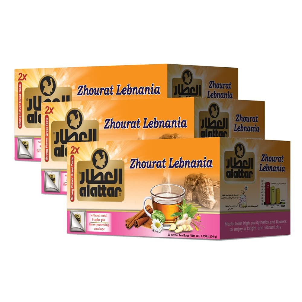 AL ATTAR Zhourat Lebanese Natural Tea | Assorted Tea Bags - Multiple Flavors | Fruit Tea, Chamomile Teas, Green Tea & More | Caffeine and Non-Caffeine Tea | Hot Tea | Natural Flavored Teas | 20 Per Pack | 3 pack Bundle