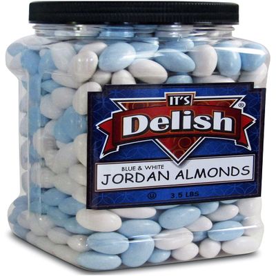 Blue and White Jordan Almonds Mix by Its Delish, 3.5 lbs Jumbo Container | Kosher Almond Nut with Sweet Hard Candy Coating - Bulk Wedding Baby Boy Theme Party Favors and Candy Buffets - Vegan & Kosher