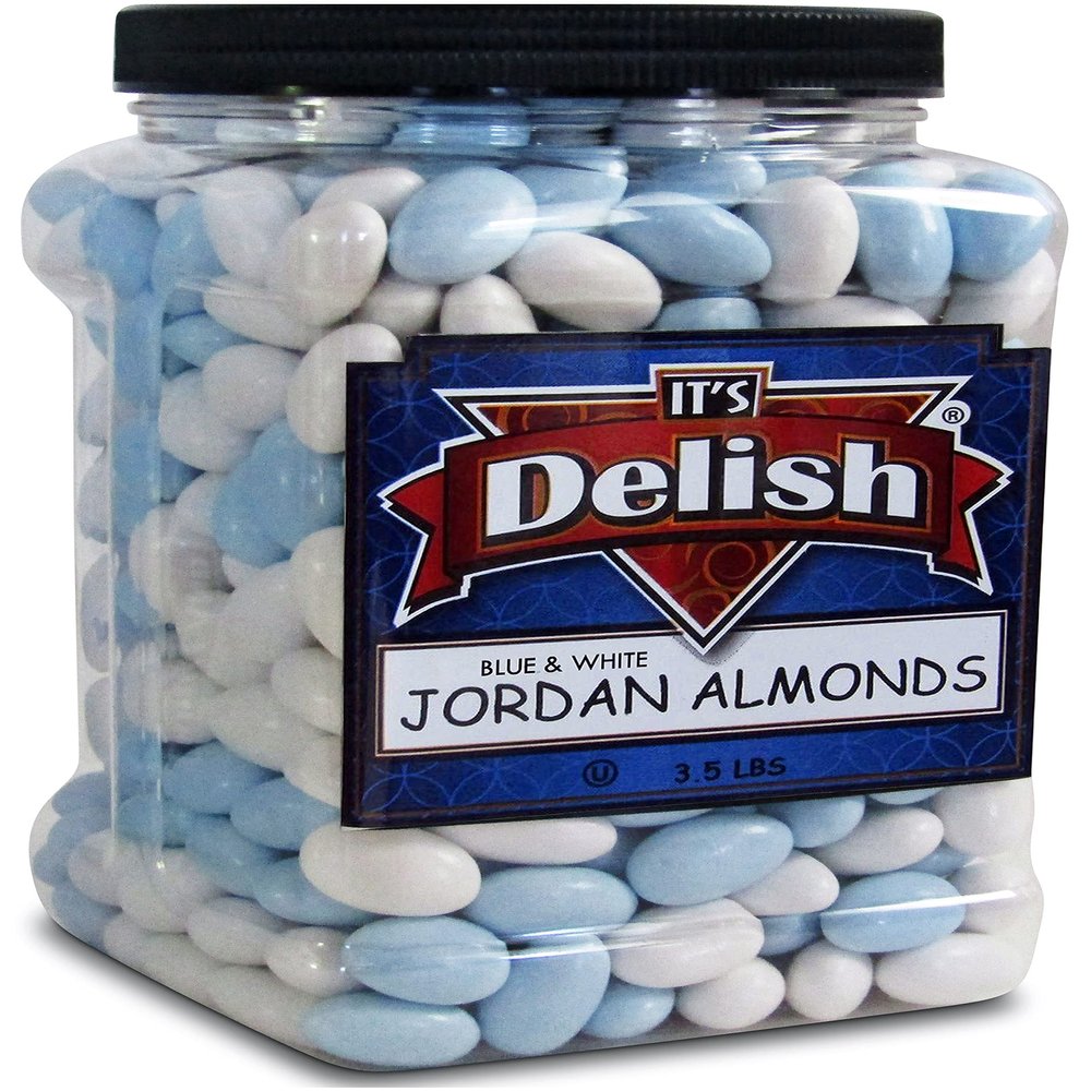 Blue and White Jordan Almonds Mix by Its Delish, 3.5 lbs Jumbo Container | Kosher Almond Nut with Sweet Hard Candy Coating - Bulk Wedding Baby Boy Theme Party Favors and Candy Buffets - Vegan & Kosher