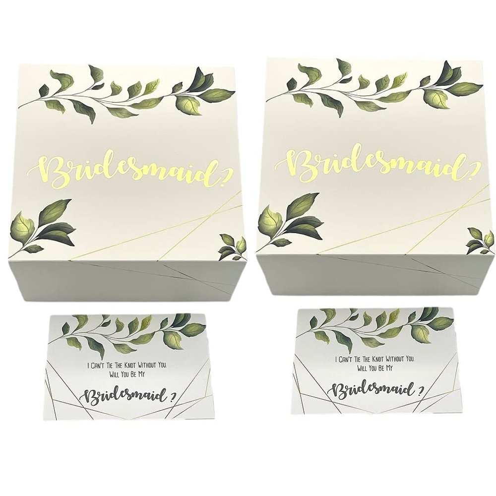 Set of 2 Bridesmaids Proposal Greenery Gift Boxes 8x8x4 in, with Gold Foil Letters & Matching Proposal Cards.(Bridesmaids, 2)