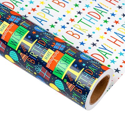 MAYPLUSS Reversible Birthday Wrapping Paper Mini Roll - 17In x 32.8Feet - Colorful Happy Birthday Lettering,Cake,Candle Pattern Kid Boys Party Gift Wrap Present Paper for Baby Shower, Holiday