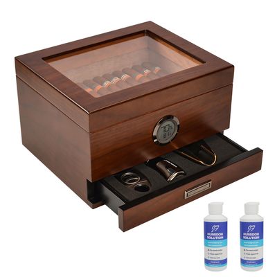 Cigar Humidor, Handcrafted Spanish Cedar Glass Top Humidor, Cigar Desktop Box Accurate Digital Hygrometer with 2 Humidor Solution(25-55 Cigars) by Jansfuren
