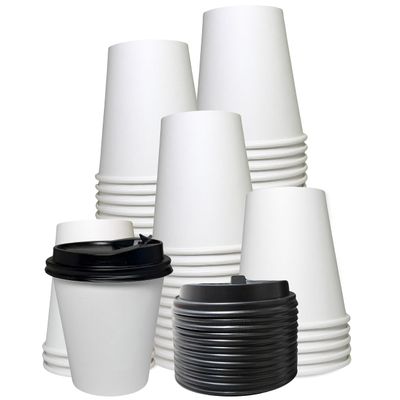 EcoQuality White Hot Drink Paper Cups 10 oz with Black Dome Lids - Disposable Paper Coffee Cups, Recyclable, Compostable, Office, Breakrooms, Restaurants, Coffee Shops, Tea Shops, Latte, Chai (100)