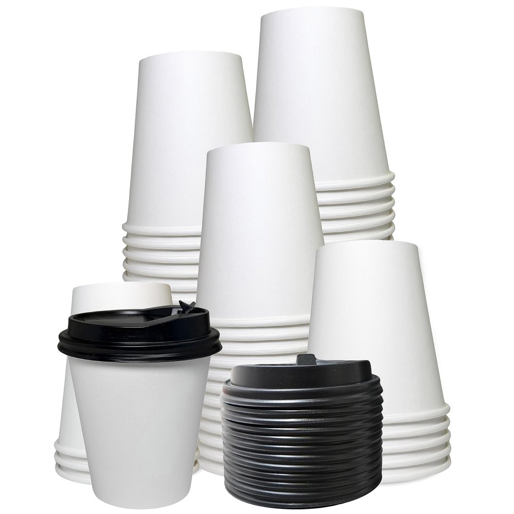 EcoQuality White Hot Drink Paper Cups 10 oz with Black Dome Lids - Disposable Paper Coffee Cups, Recyclable, Compostable, Office, Breakrooms, Restaurants, Coffee Shops, Tea Shops, Latte, Chai (100)