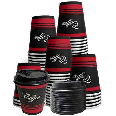 10oz Disposable Paper Coffee Cups with Black Dome Lids - For Hot, Cold Drink, Coffee, Tea, Cocoa, Travel, Office, Home, Cider, Hot Chocolate, To go, Compostable, Biodegradable by EcoQuality (1000)