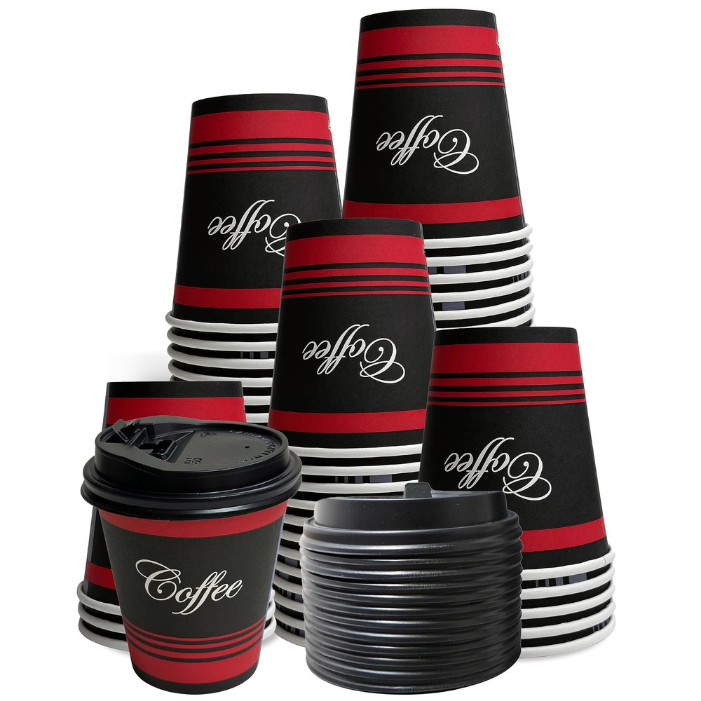 10oz Disposable Paper Coffee Cups with Black Dome Lids - For Hot, Cold Drink, Coffee, Tea, Cocoa, Travel, Office, Home, Cider, Hot Chocolate, To go, Compostable, Biodegradable by EcoQuality (1000)