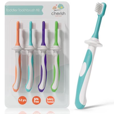 Cherish Baby Care Toddler Toothbrushes 1-2 Years (4-Pack) - BPA-Free & Safety-Tested Kids Toothbrush Kit, Designed by a Pediatric Dentist, Soft-Grip Toothbrush for Kids, My First Toothbrush Set