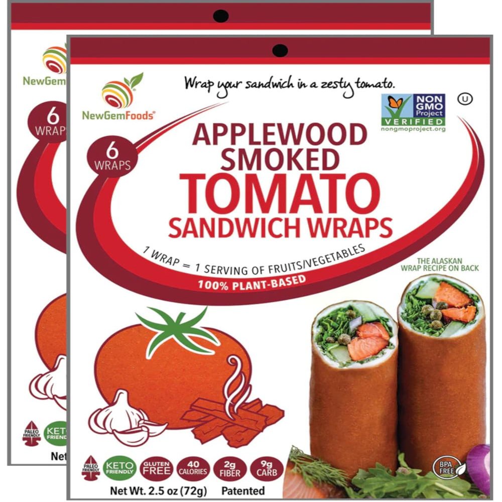 Applewood Smoked Tomato Sandwich Wraps (Two-Pack) Vegan, Gluten-Free, Low-Carb Tomato Wraps with Smoky Flavor Non-GMO, Paleo-Friendly, Plant-Based Bread Substitute